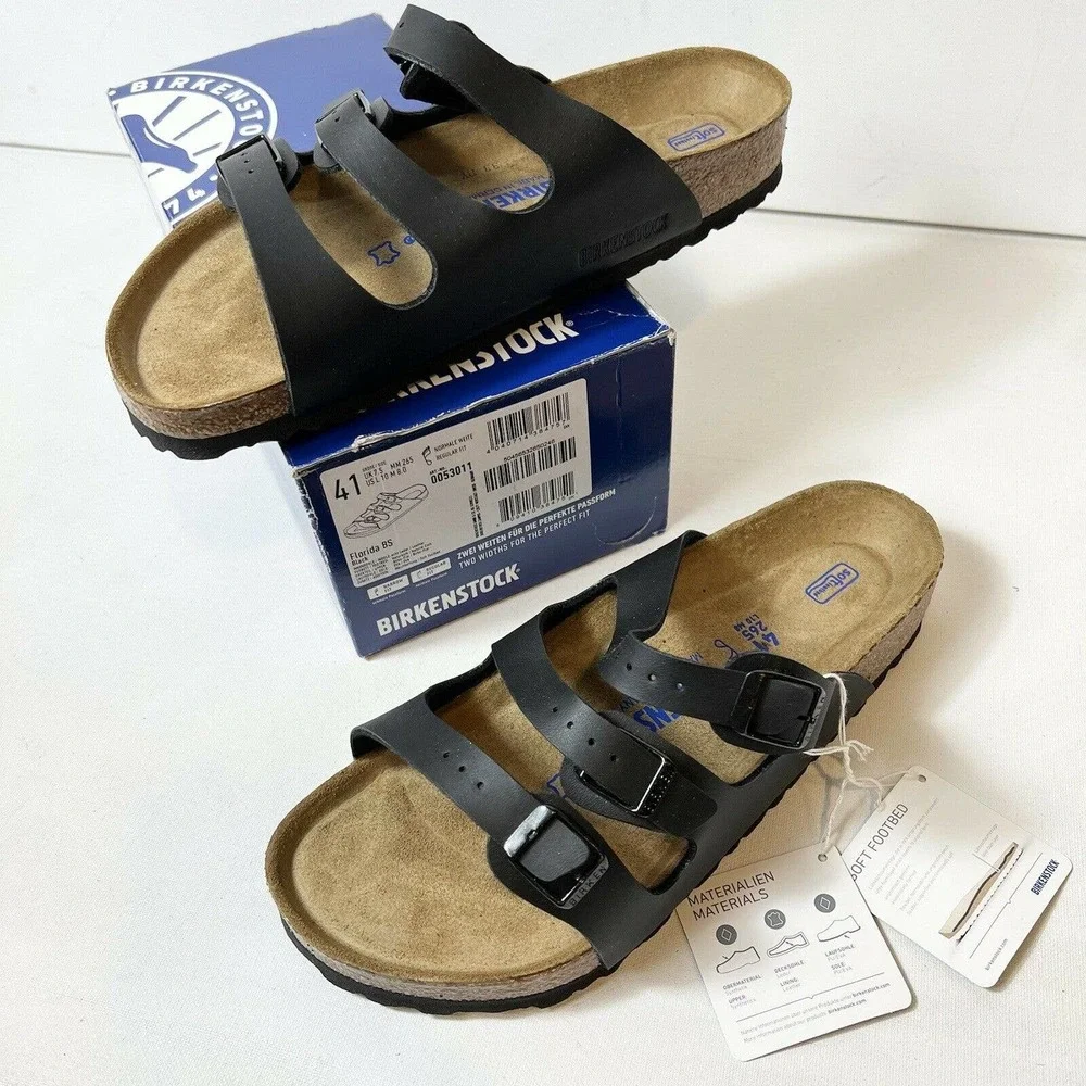 Birkenstock Women EU 41 US 10 Florida Soft Footbed Birko-Flor Black Sandal Slide - Picture 2 of 6
